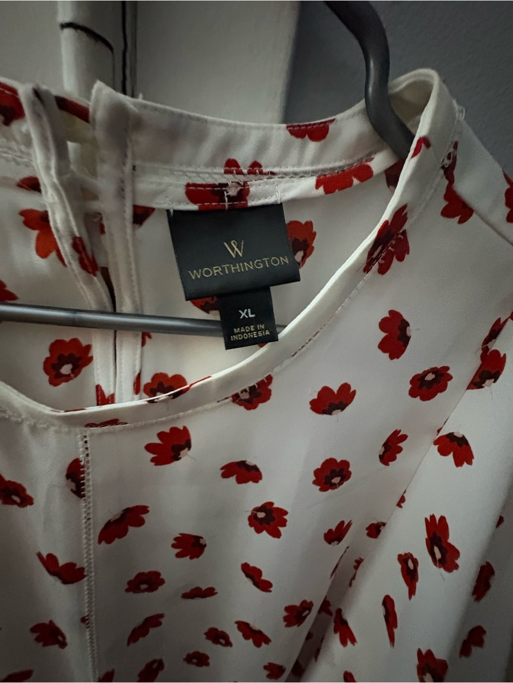 Worthington Cream Top with Red Floral Accents